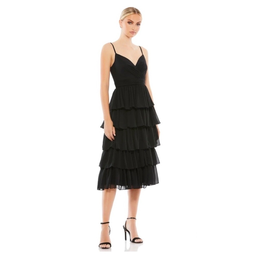 Mac Duggal 55437 Ruffle Layered V-Neck Midi Dress Black Size 2